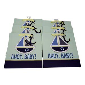 Baby Boy Blue Gift Bags, Set of 6, Boat with Anchor with "Ahoy, Baby!" print, Ye